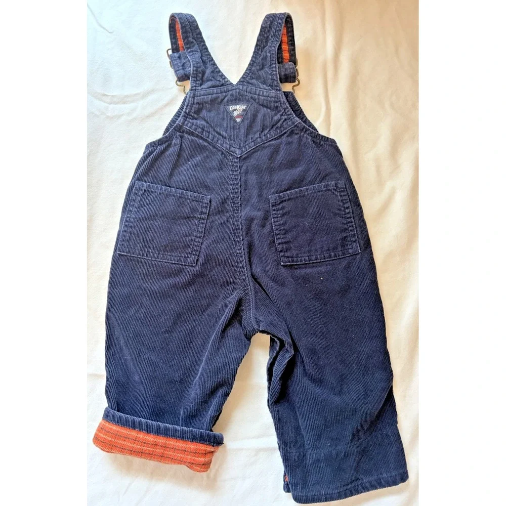 OshKosh B'gosh Navy Blue, Orange Flannel Lined Corduroy overalls size 6-9‎ mo
